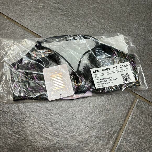 Savage X Fenty A Little Tart Unlined Bra Black Lace Plaid 32C Plunge Feminine - Picture 3 of 11